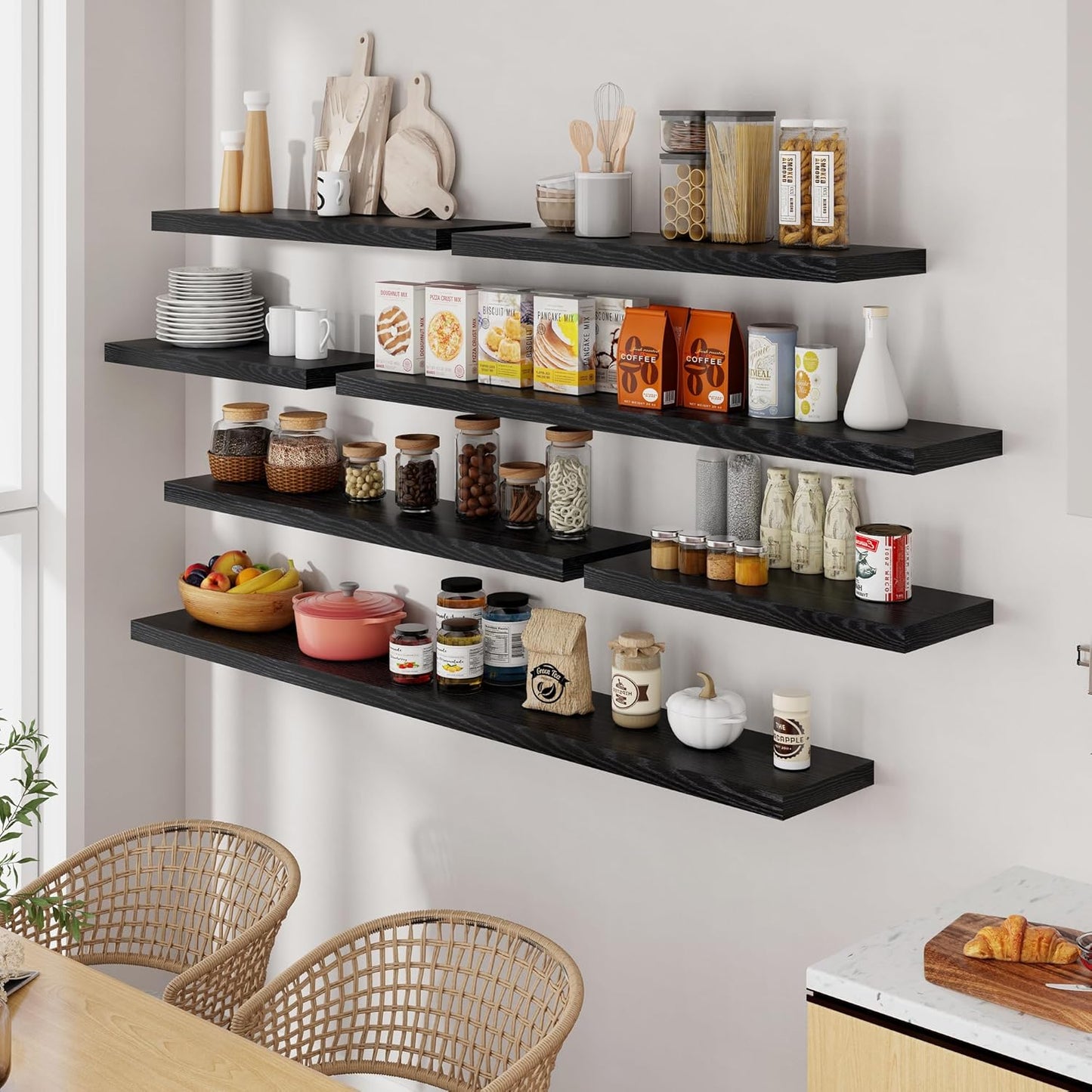 55 Inch Floating Shelves Black, Rustic Wood Floating Shelf Wall Mounted, 9.3 Inch Deep Floating Shelf for Kitchen, Bedroom, 55 x 9.3 Wall Shelves for Home Storage, Set of 1