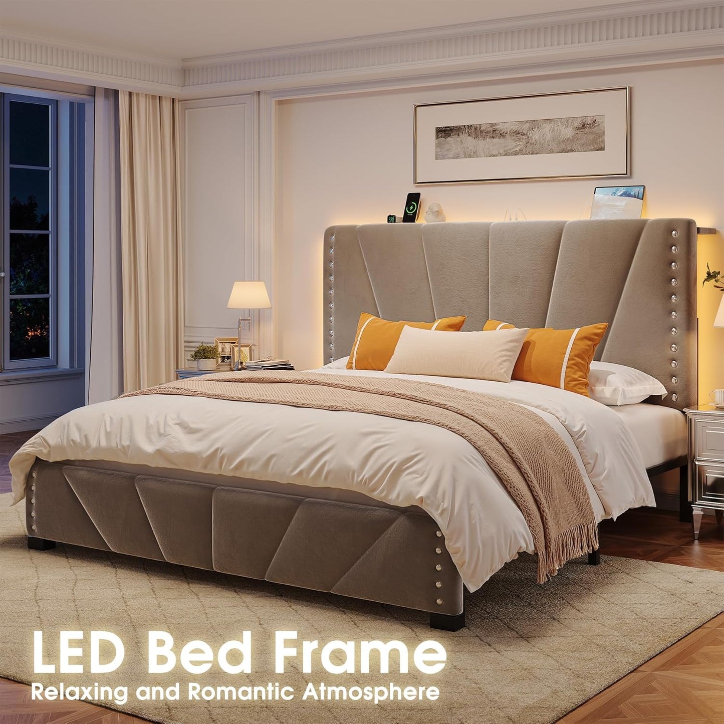 EnHomee Queen Bed Frame, Velvet Bed Frame with Headboard and Led Light, Platform Bed Frame for Bedroom Apartment, Dorm, Noise-Free, Easy Assembly, Dark Gray