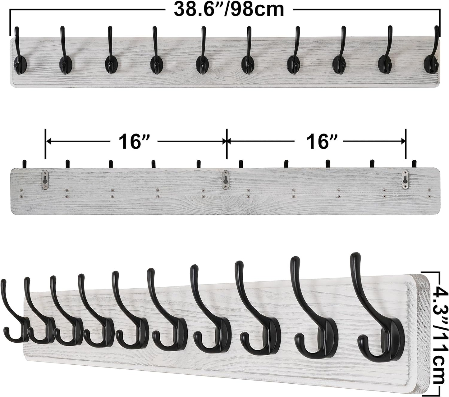 SKOLOO Farmhouse Style Large Wall Mounted Coat Rack-38.6'' Long, Pine Solid Wood Coat Hook Hanger - 10 Hooks for Hanging Clothes Robes Towels Coats