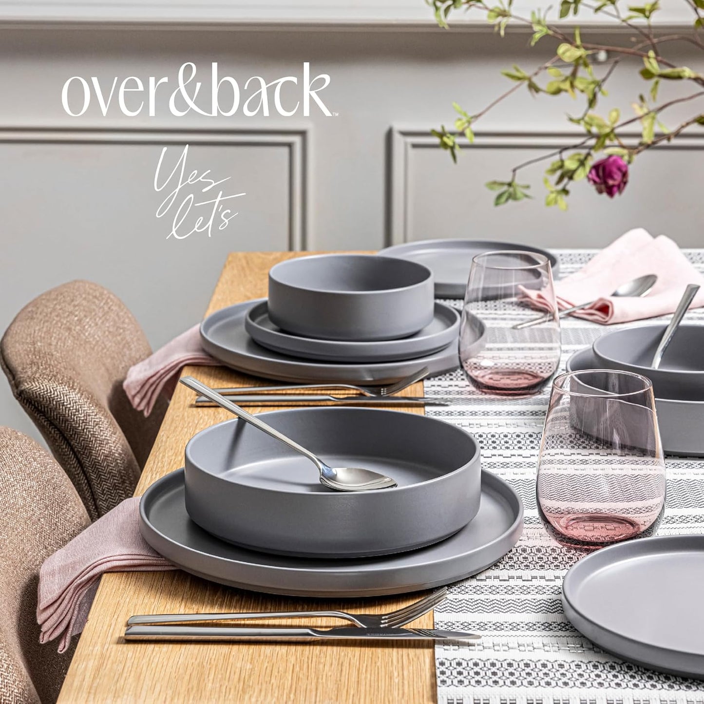 over&back 16-Piece Stackable Dinnerware Dish Set - Stoneware Dishes - Includes 4 Dinner Plates, 4 Salad Plates, 4 Cereal Bowls, and 4 Dinner Bowls - All-Occasion Place Settings - Semi-Matte Charcoal