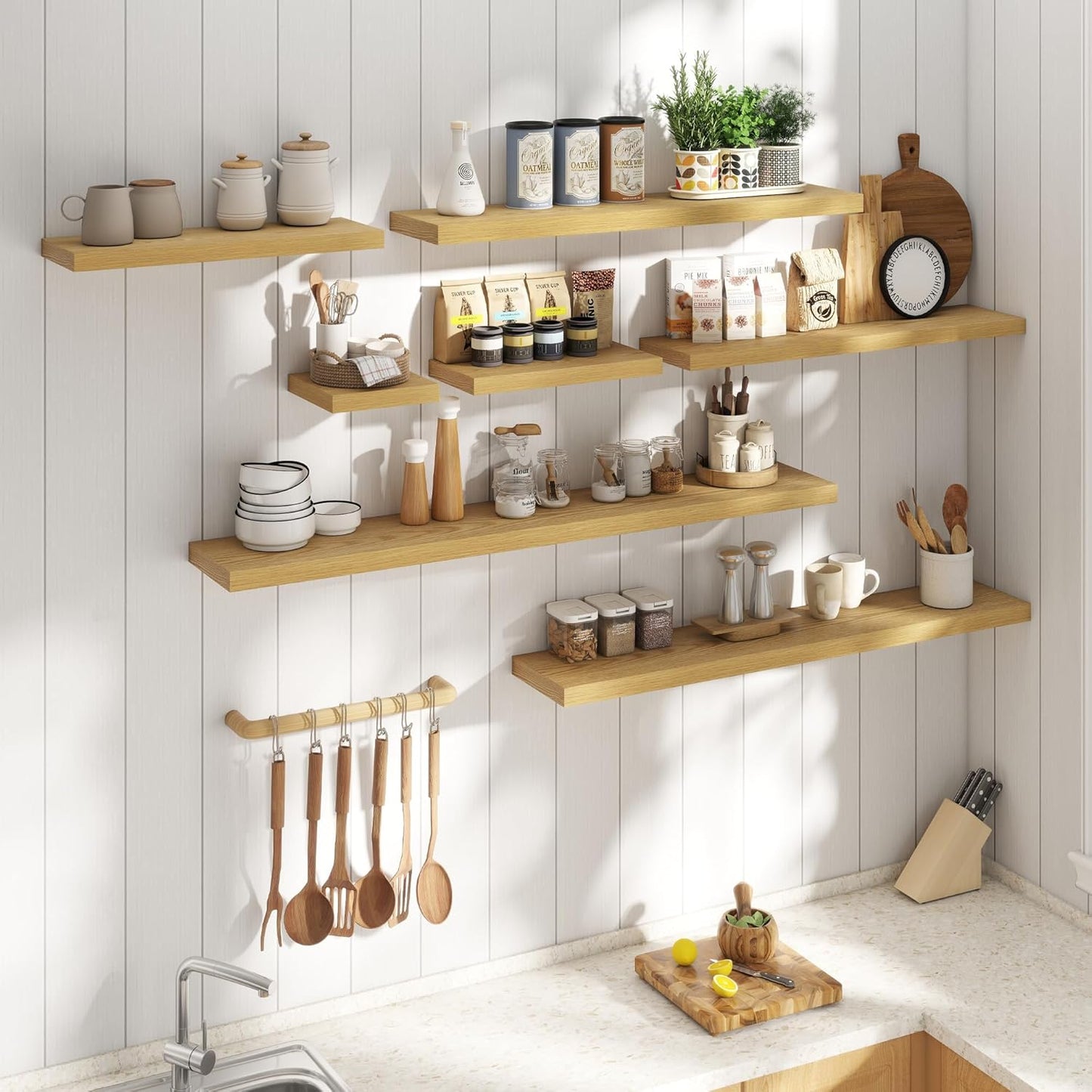 Floating Shelves for Wall with Invisible Brackets, Wall Mounted Engineered Wood Shelves with Wood Grain for Living Room, Bedroom, Bathroom, Kitchen Decor and Storage, Oak, 36"L Set of 2, Oak