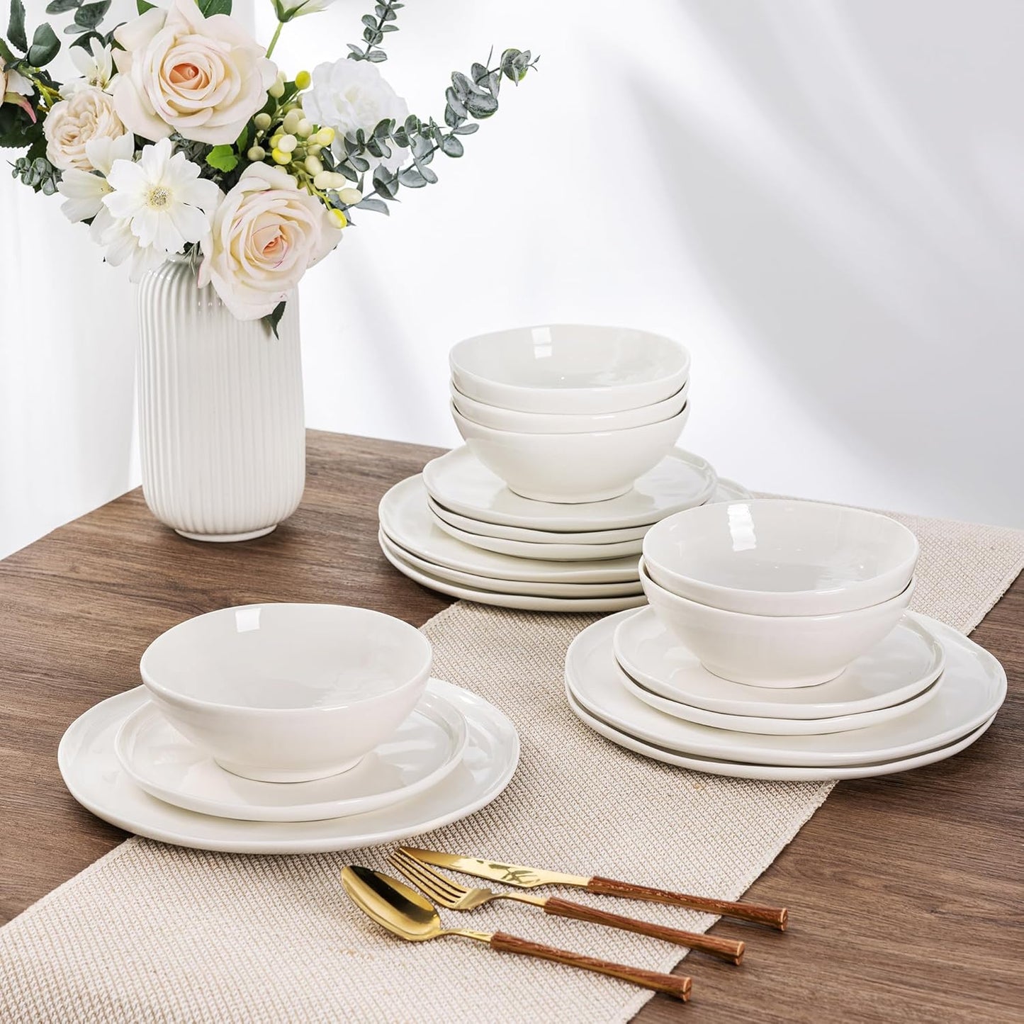 LERATIO Ceramic Dinnerware Sets for 6,Porcelain Plates and Bowls Sets with Wavy Edge, Oven &Microwave & Dishwasher Safe,Light Weight & Scratch Resistant Dishes Sets-Service for 6 (18pcs)