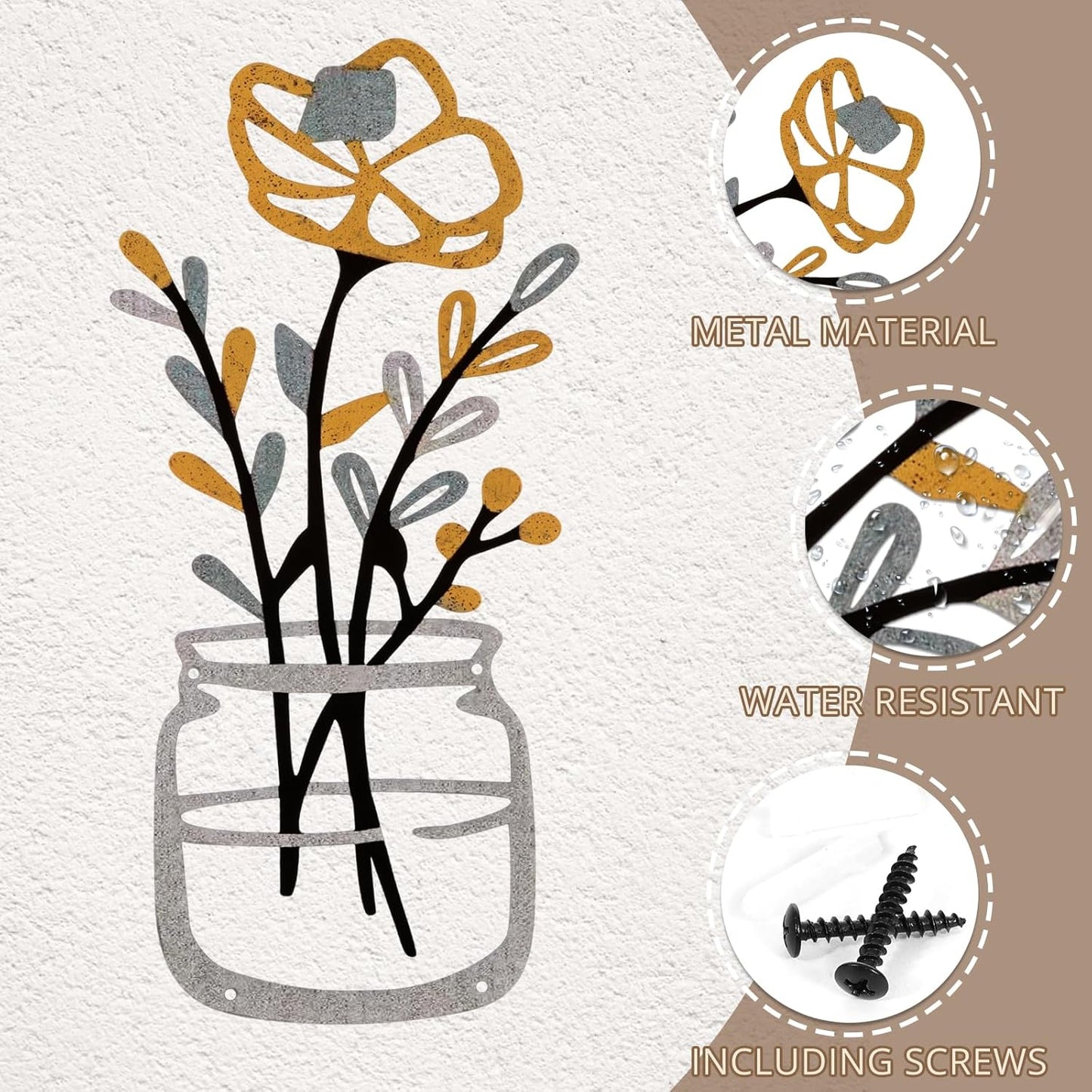 Luckinds Metal Flower Wall Art 3 Pieces, Rustic Farmhouse Decor Wall Decor Metal Wall Sculptures Hanging for Kitchen Bathroom living room