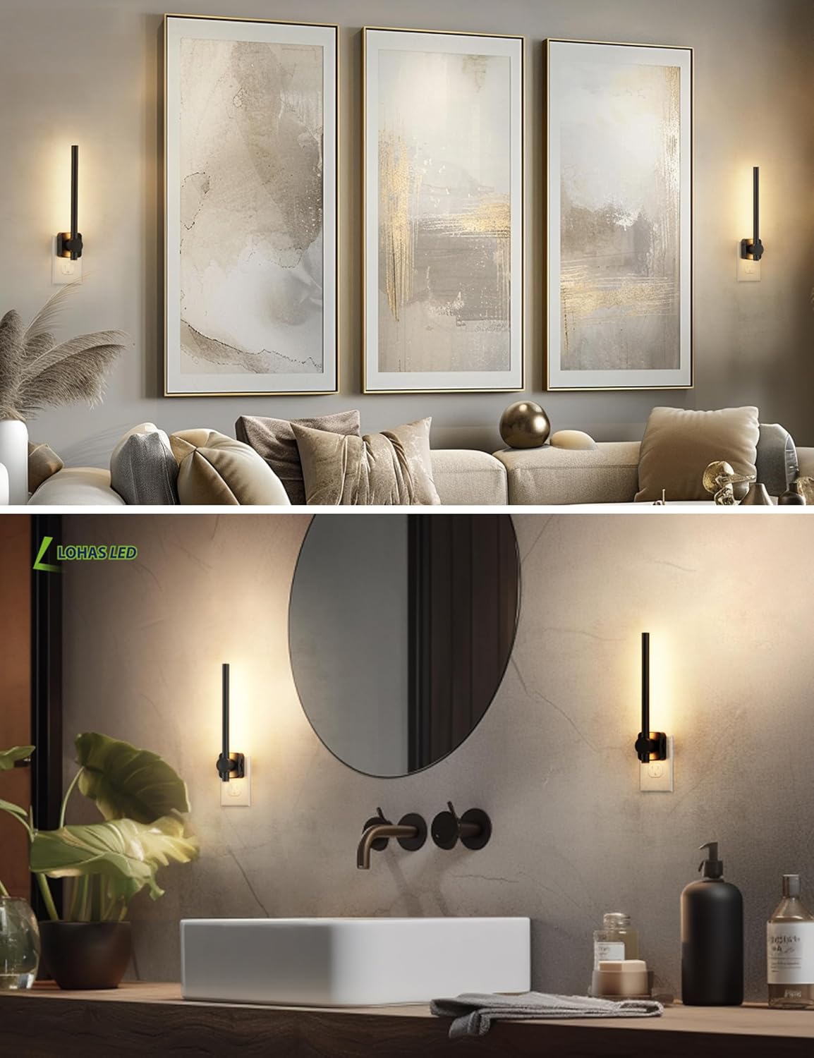 L LOHAS LED Night Light, Night Lights Plug into Wall, 0-200LM Bathroom Nightlight, Dusk to Dawn Sensor 2W Dimmable Nightlights, Soft White 3000K, Modern Black Night Light for Mirror Restroom, 1 Pack