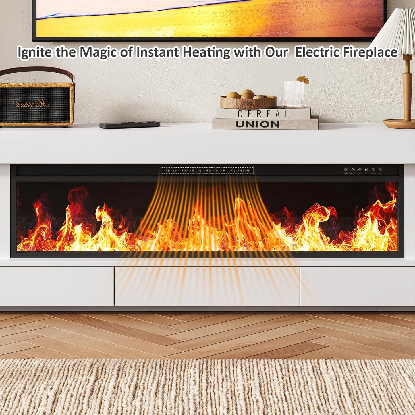 66.2" Fireplace TV Stand with 47" Electric Fireplace, Heated Entertainment Center with Fireplace & 3 Drawers, Modern Wood TV Console with 12 Electronic Flame Colors for Living Room, White