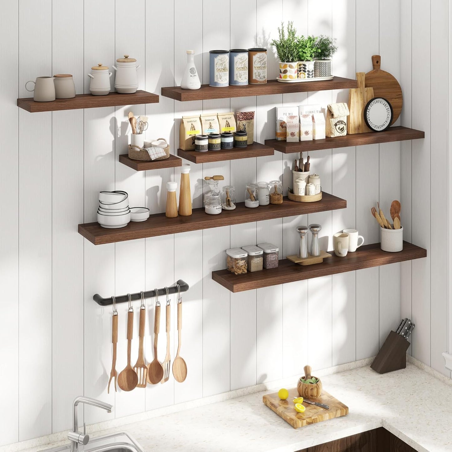 Floating Shelves for Wall with Invisible Brackets, Wall Mounted Engineered Wood Shelves with Wood Grain for Living Room, Bedroom, Bathroom, Kitchen Decor and Storage, Oak, 36"L Set of 2, Walnut