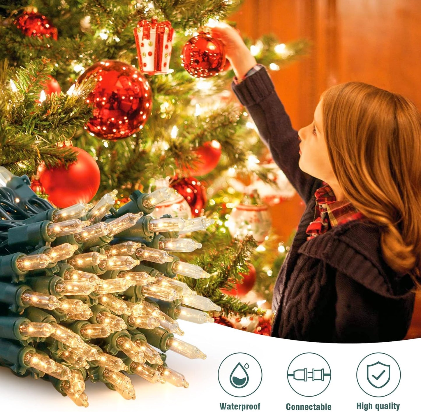 Hopolon 2 Pack 13ft 50 Clear Mini Christmas String Lights on Green Wire Cord, UL Approved for Indoor/Outdoor Use,Connectable 120V Clear Tree Lights for Wedding, Bedroom, Porch Decor(Warm White)