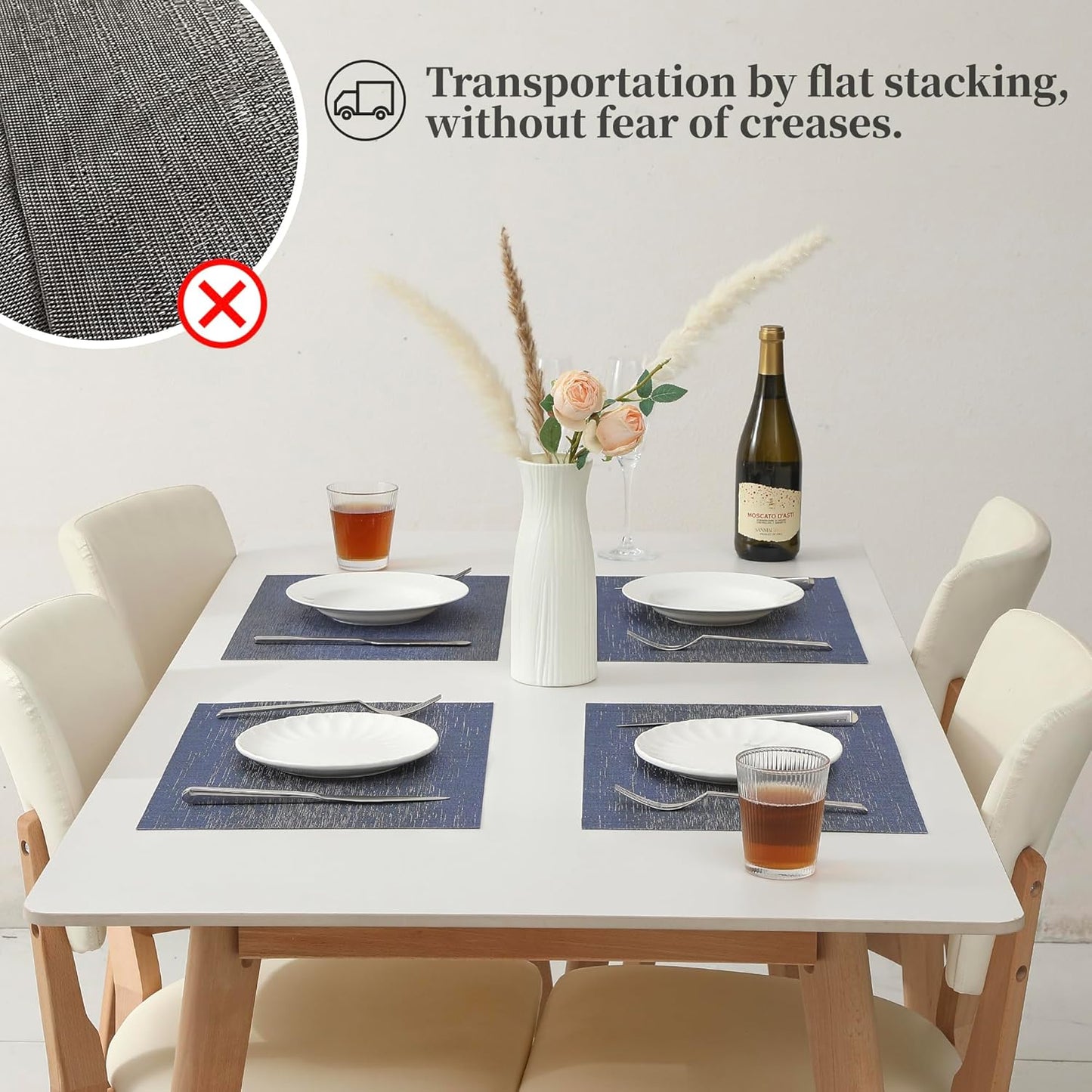 Leetaltree Denim Blue Placemats Set of 8 - Heat Resistant Non-Slip Place mats for Dining Table, Washable Durable PVC Vinyl Woven Table Mats(Denim Blue, 8)
