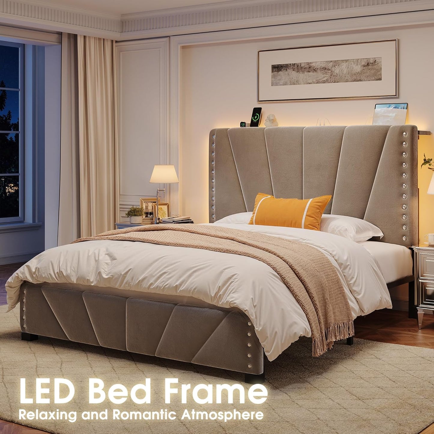 EnHomee Full Size Bed Frame, Velvet Bed Frame with Headboard and Led Light, Platform Bed Frame for Bedroom Apartment, Dorm, Noise-Free, Easy Assembly, Dark Gray