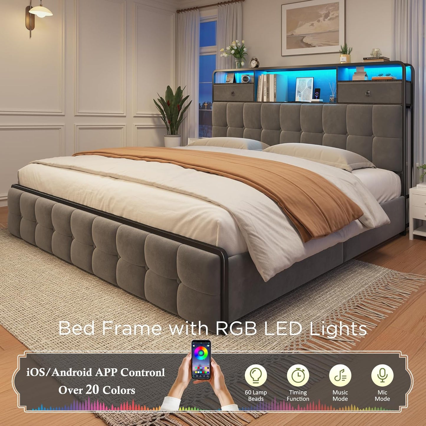 EnHomee Full Size Bed Frame with Upholstered Headboard and 6 Storage Drawers,Bed Frame Full with LED Lights and Charging Station,no Box Spring Needed,No Noise, Easy Assembly,Velvet,Sturdy,Soft,Grey
