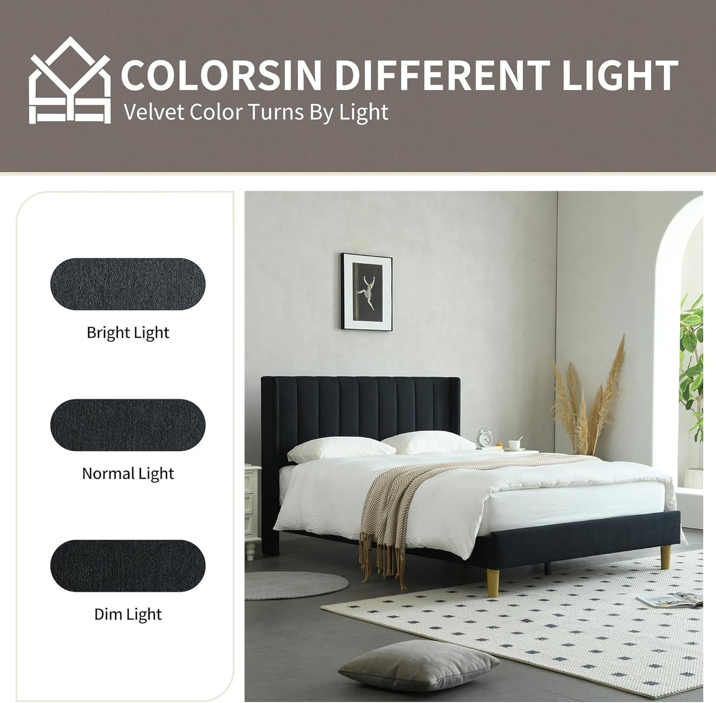 YUHUASHI upholstered Platform Bed Frame/Queen Bed Frame/Modern Geometric Double-Wing Design headboard/Linen Fabric/Easy to Assemble no Noise (Black, Queen (U.S. Standard))