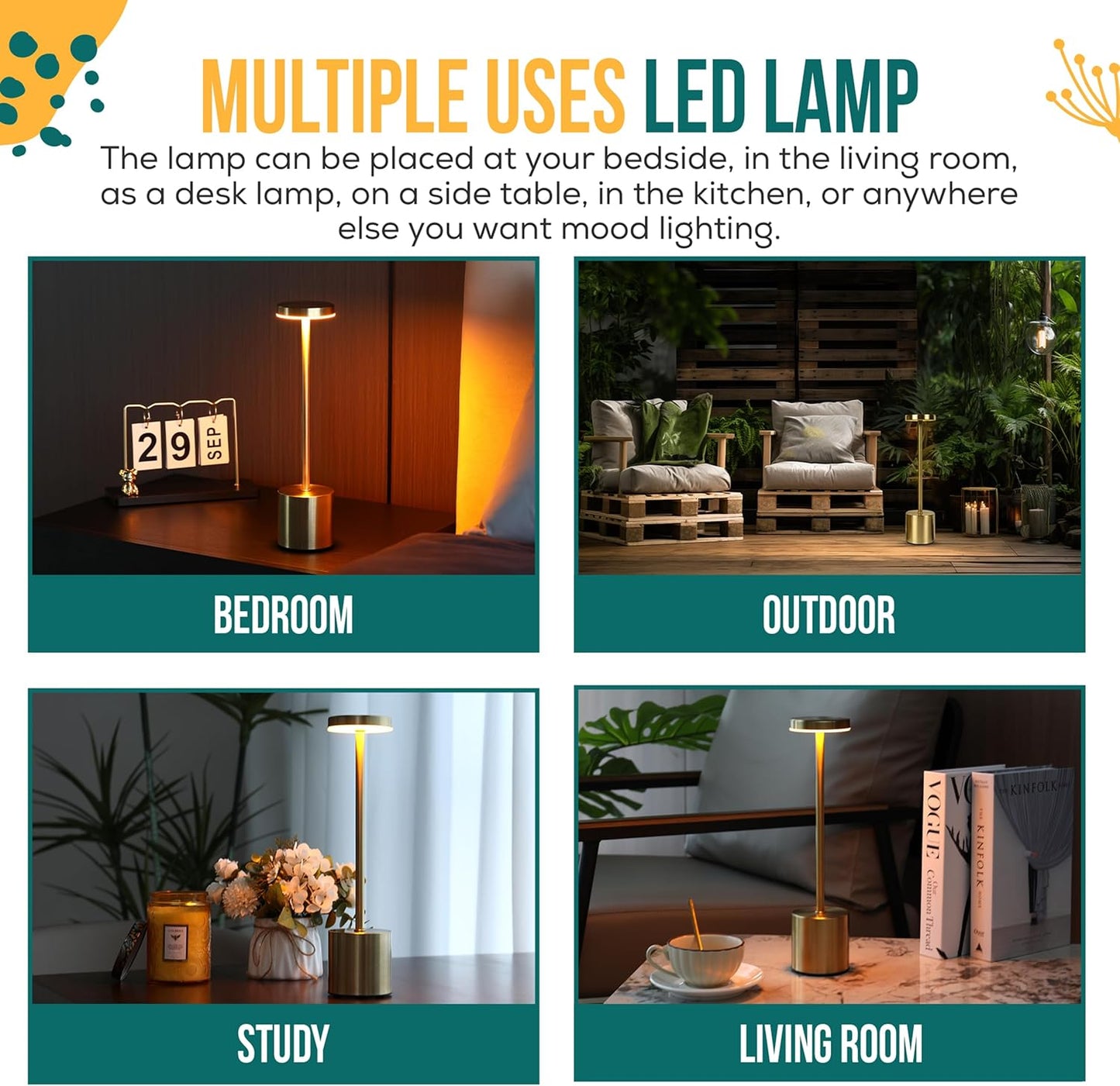 Cordless Table Lamp Pack of 2 (Gold) Rechargeable Lights - Set of 2 USB Chargers Included - LED 3-Color Dimmable Lamps for Restaurant Dinner Dining Kitchen Coffee Table Patio and Portable Lighting