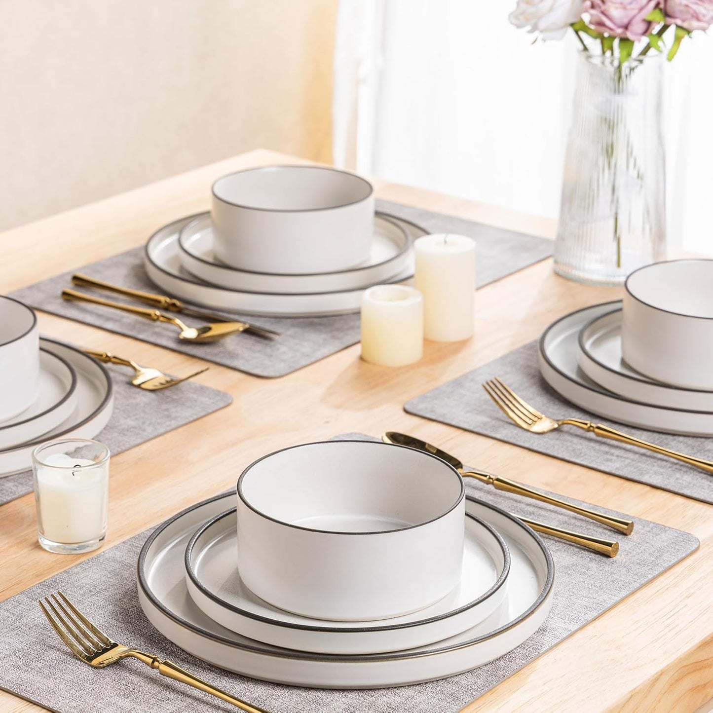 LERATIO Ceramic Dinnerware Sets for 6, High Edge Stoneware Plates and Bowls Set, Chip and Crack Resistant | Oven & Dishwasher & Microwave Safe Dishes Set, Service for 6 -Creamly White