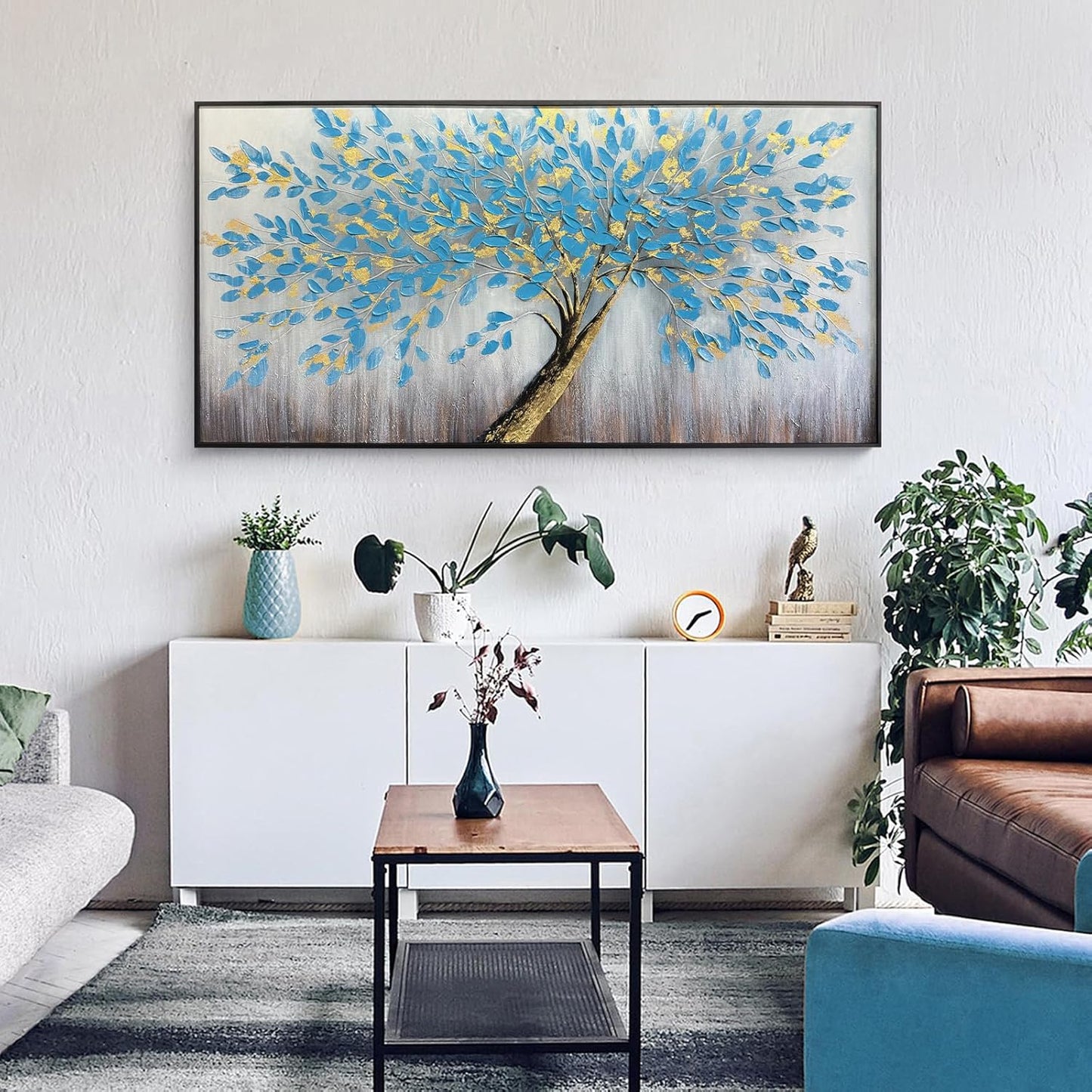 Blue Tree of Life Canvas Wall Art, Modern Abstract Textured Painting, Large Wall Art Framed Panoramic Landscape Artwork for Living Room, Bedroom, Office, Home Decor 40"x20"