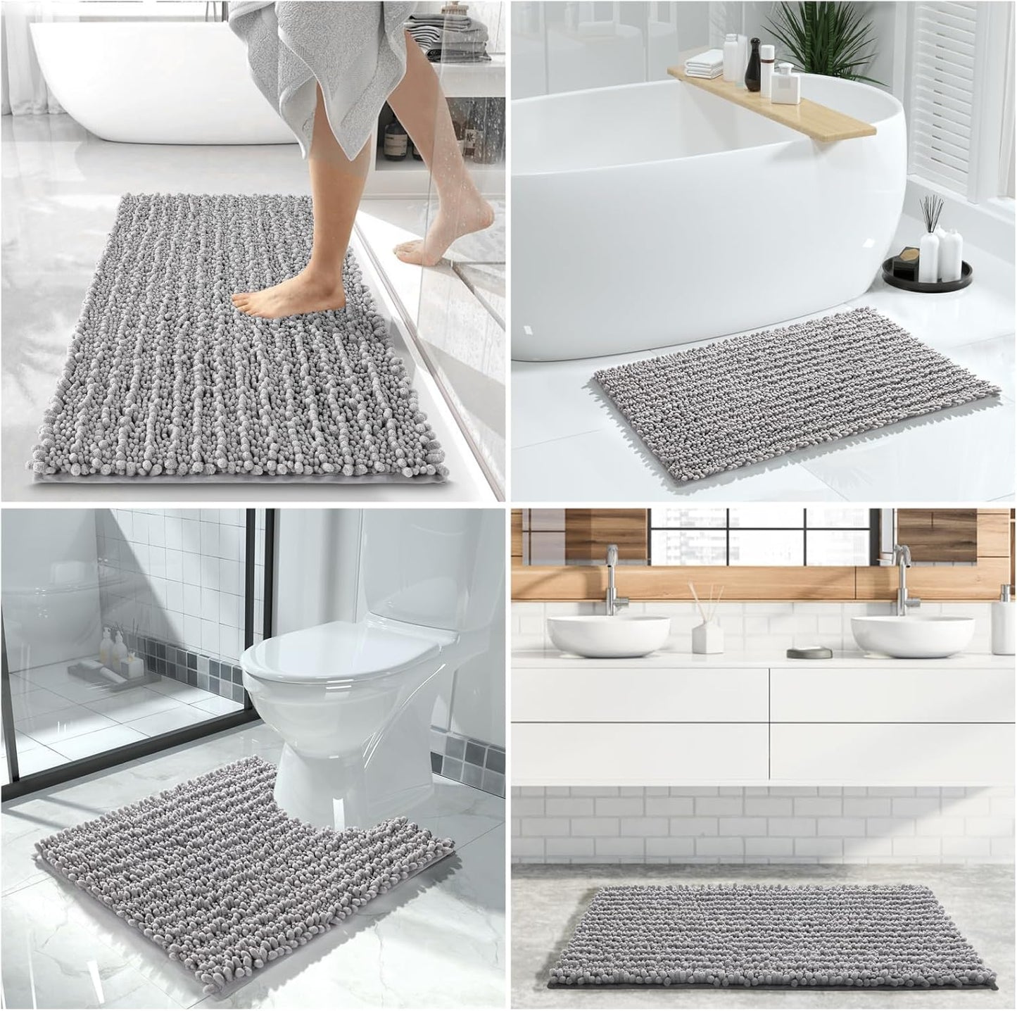 Yimobra Bathroom Rugs Sets 2 Piece - Quick Dry Extra Thick Luxury Chenille Bath Mat, Non Slip Super Absorbent for Tub Shower Sink, Machine Washable Shaggy Floor Mat, 32"x20"+24"x20" Inch, Grey