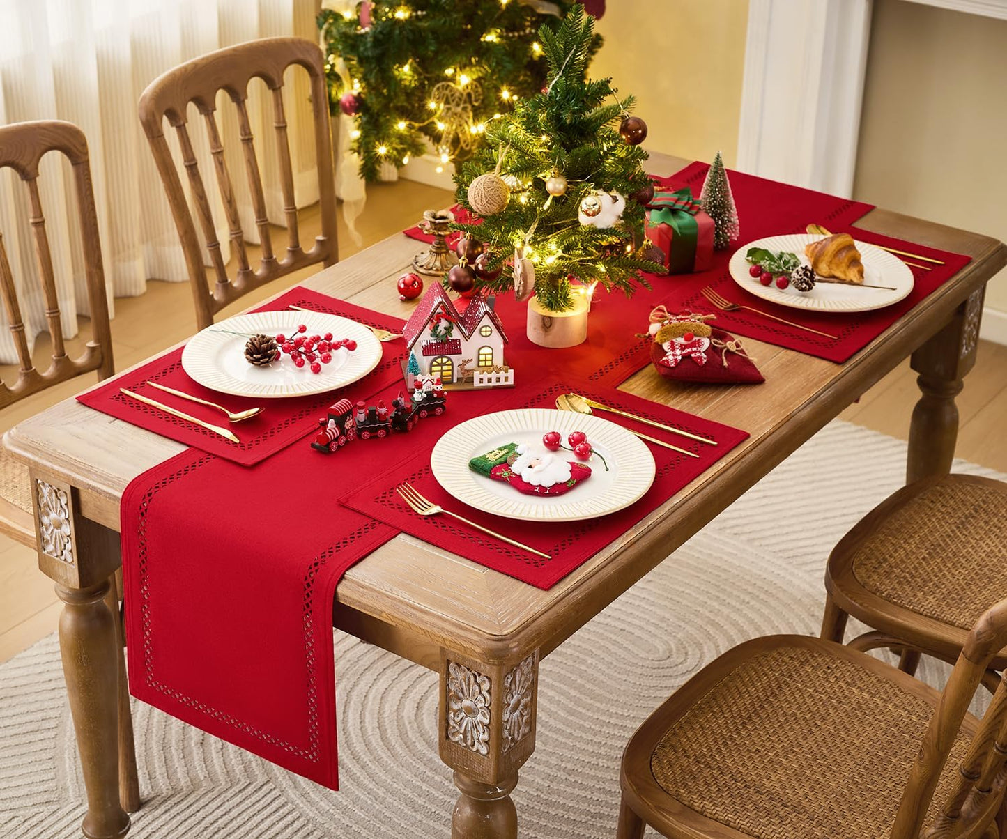 Red Placemats Set of 4, 12 x 18 Inch Rustic Geometric Hollow Place Mats, Heat Resistant Placemats for Farmhouse Kitchen Table Decor, Red 4PCS