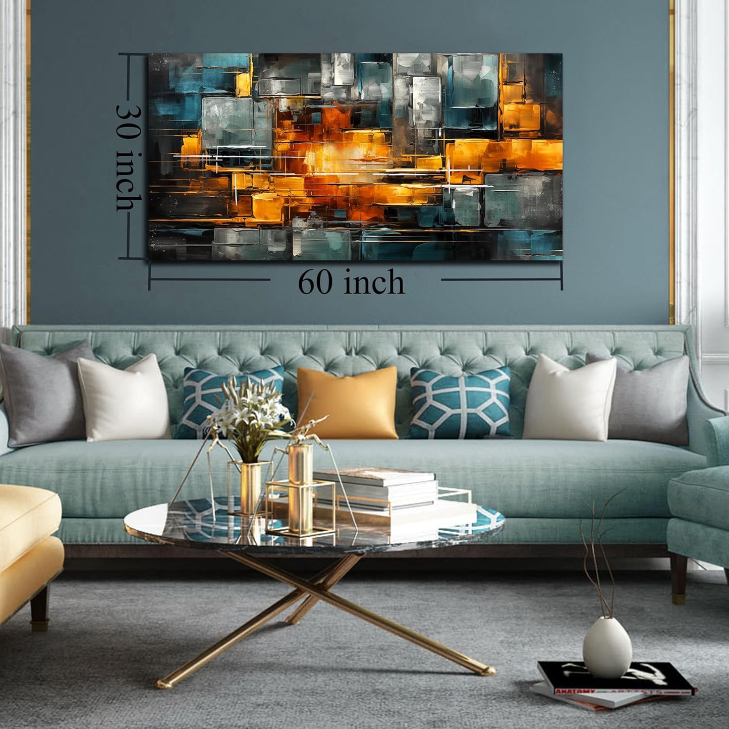 ENTANUB Abstract Wall Art for Living Room, Orange and Dark Green Canvas Wall Decor for Bedroom, Print Paintings Artwork, Size 29 x 59 Inches