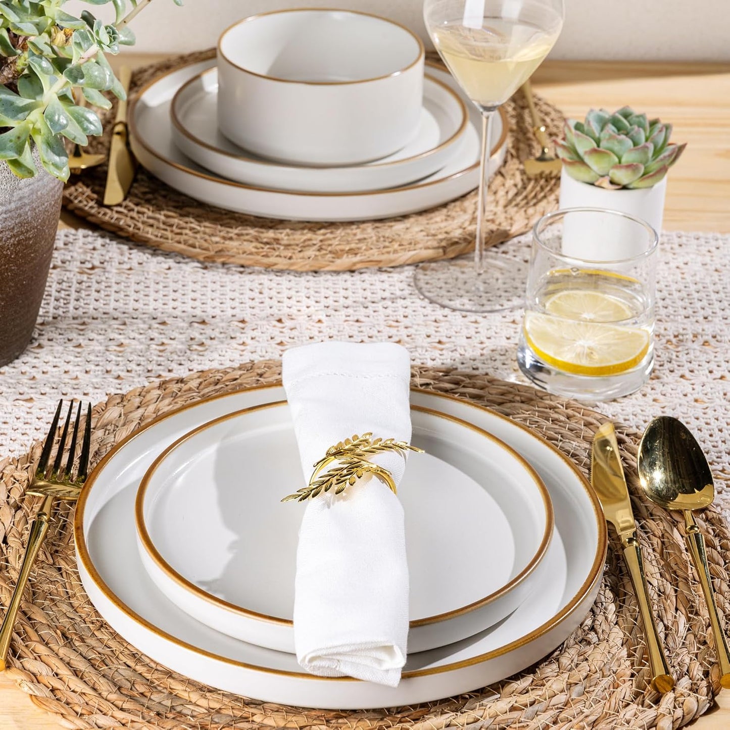 LERATIO Ceramic Dinnerware Sets for 4,Matte Stoneware Plates and Bowls Set, Chip and Crack Resistant | Oven & Dishwasher & Microwave Safe Dishes Set, Service for 4-Dusted Gold Rim