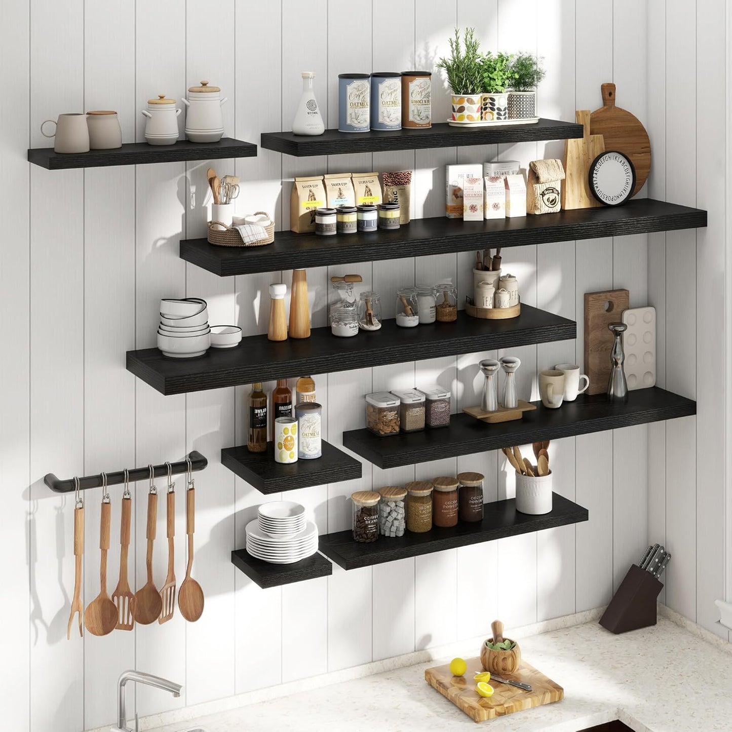 Floating Shelves for Wall with Invisible Brackets, Wall Mounted Engineered Wood Shelves with Wood Grain for Living Room, Bedroom, Bathroom, Kitchen Decor and Storage, Oak, 55"L Set of 2, Black