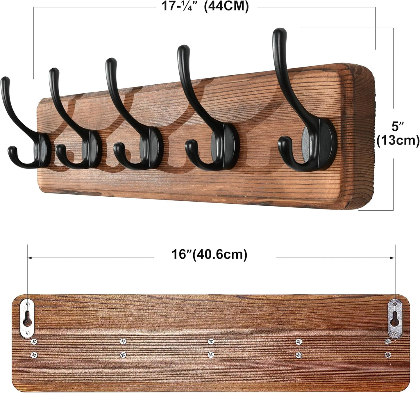SKOLOO Rustic Wall Mounted Coat Rack with 16 Inch Mounting Hole Distance, Pine Solid Wood Coat Hook Hanger - 5 Hooks for Hanging Clothes Robes Towels Coats