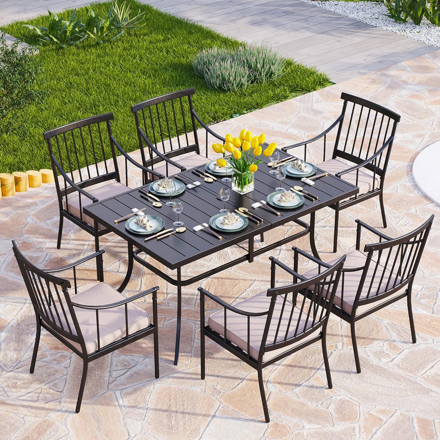 PHI VILLA 7 Piece Patio Dining Table Set with Cushion, Large Rectangular Metal Dining Table with Umbrella Hole & 6 Cushioned Iron Chairs for Outdoor, Deck, Yard