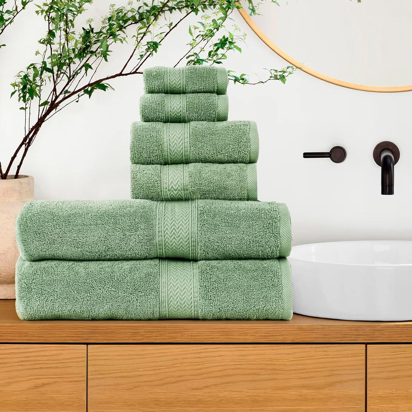 HILLFAIR Premium 600 GSM 6 Piece Towel Set- 2 Bath Towels, 2 Hand Towels & 2 Washcloths, Machine Washable, Hotel Quality, Super Soft & Highly Absorbent Cotton Towel: Sage