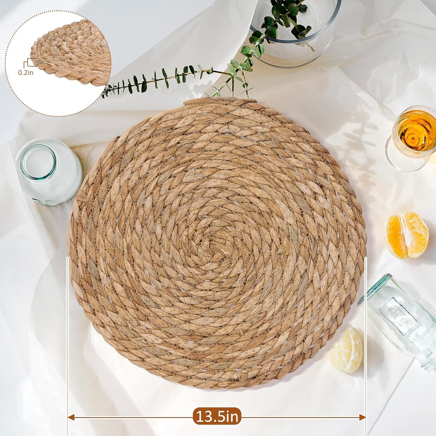 GENMOUS Woven Placemats Set of 10, 13.5" Round Placemats Natural Water Hyacinth Boho Placemat,Farmhouse Rattan Chargers for Dinner Plates,Rustic Braided Wicker Table Mats for Dining Table,Home,Wedding