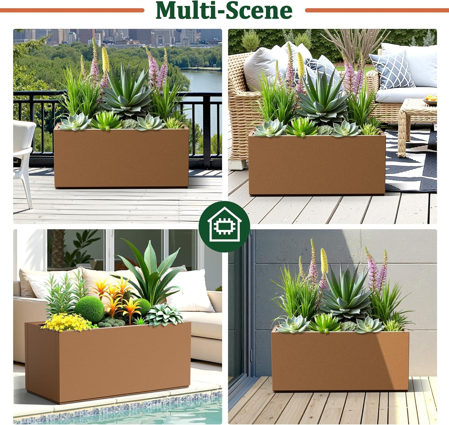 Large Rectangle Planter Metal Brown Planter Box with a Drainage Hole and a Removable Divider Indoor Outdoor Porch Pots for Tall Plants, Trees, Flowers 37.99"x 15" x 16.26" Brown