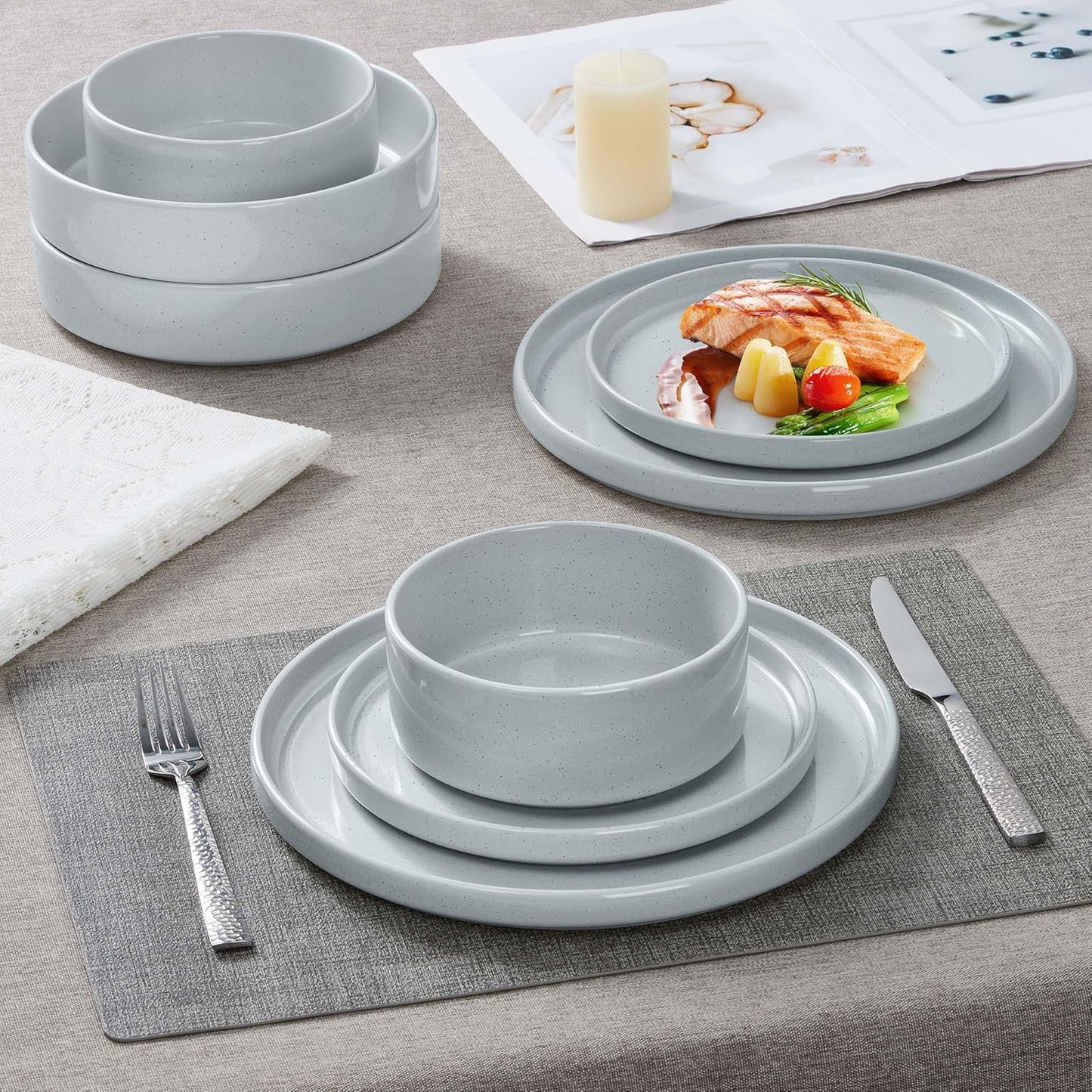 Herogo Stoneware Dinnerware Set with Salad Bowls, Kitchen Dinner Dish Set for 4, 16 Piece Plates and Cereal Pasta Bowls, Chip & Scratch Resistant Dishware, Speckled Light Gray