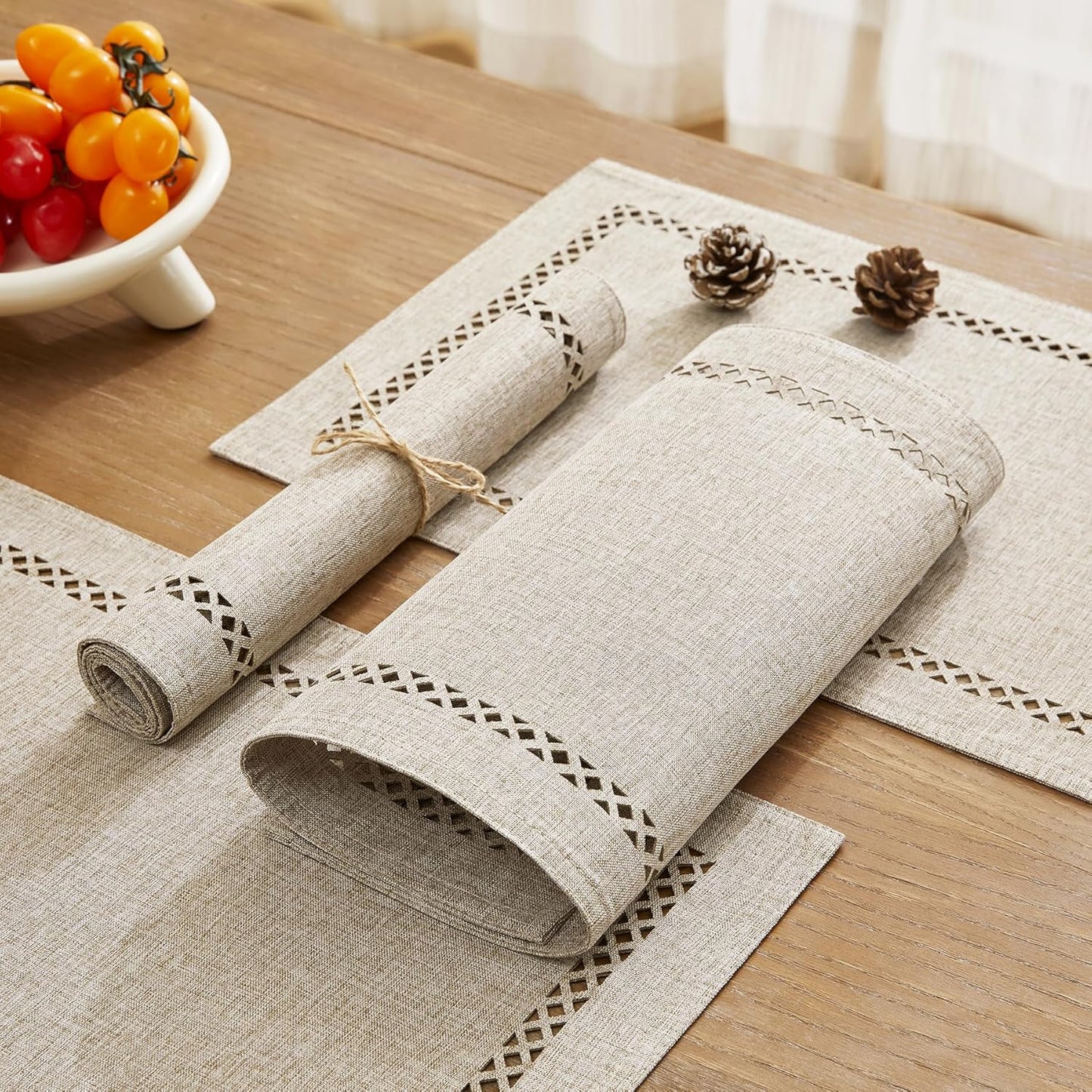 Burlap Placemats Set of 4, 12 x 18 Inch Rustic Geometric Hollow Place Mats, Heat Resistant Placemats for Farmhouse Kitchen Table Decor, Coffee 4PCS