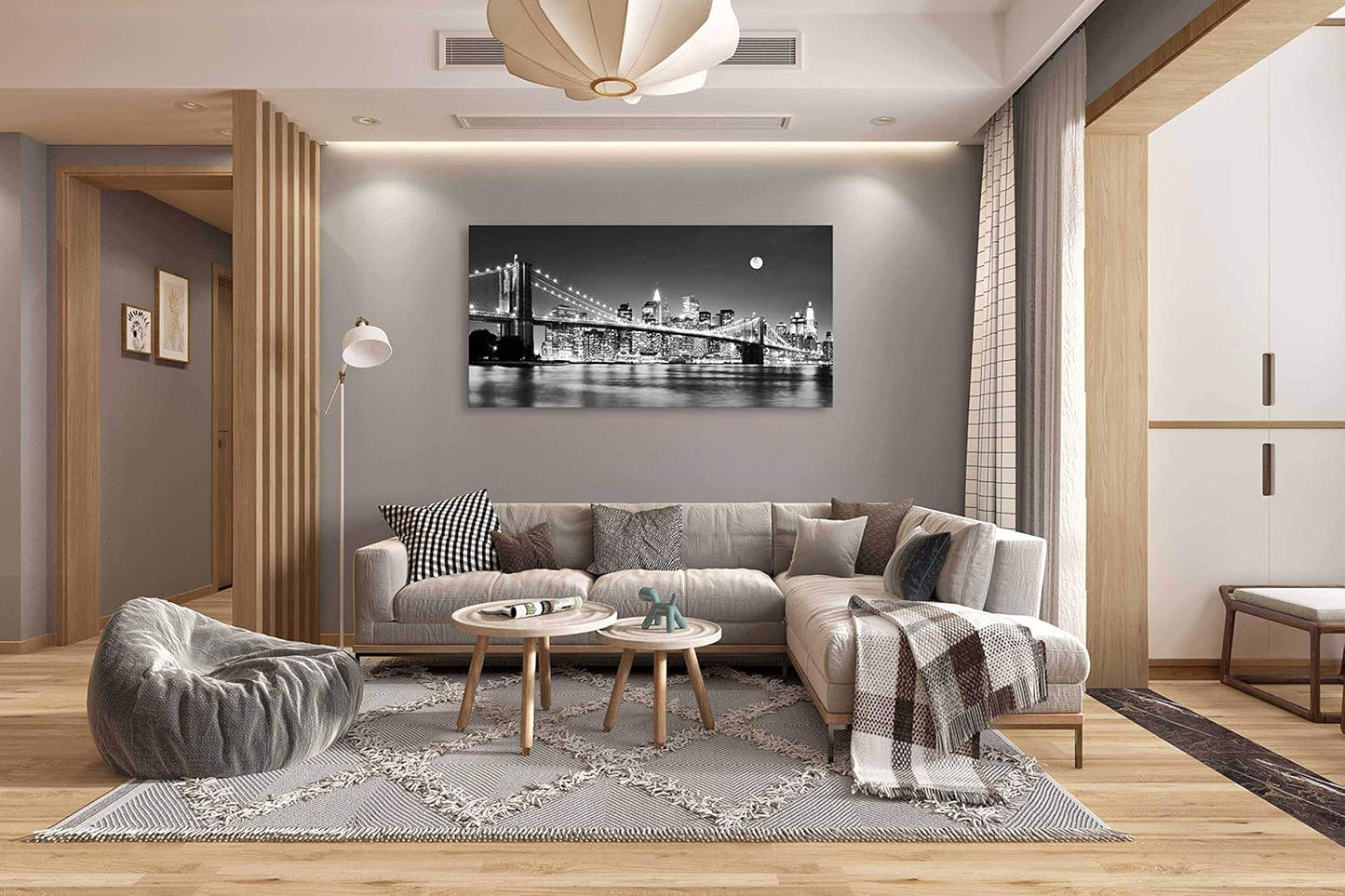 Baisuart-Q30350 Brooklyn Bridge Night View 1 Panels Landscape Artwork Canvas Prints Moon Night New York City Scene Picture Paintings Black and white Wall Art for Oiffce Home Decorations Wall Decor