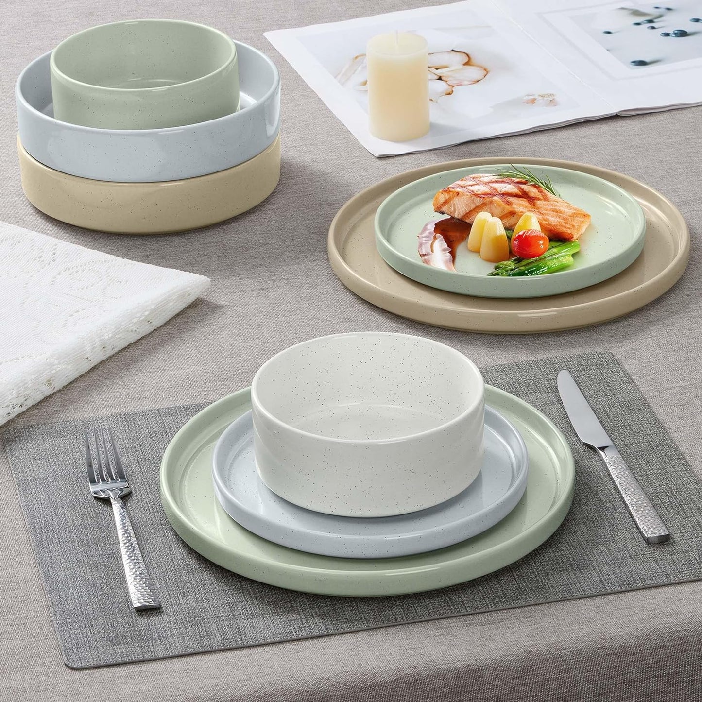 Herogo Dinnerware Dishes Sets with Pasta Bowls, 16 Piece Stoneware Plates and Bowls for 4, Ceramic Dinner Ware for Kitchen, Dishwasher & Microwave Safe, Speckled Multicolor