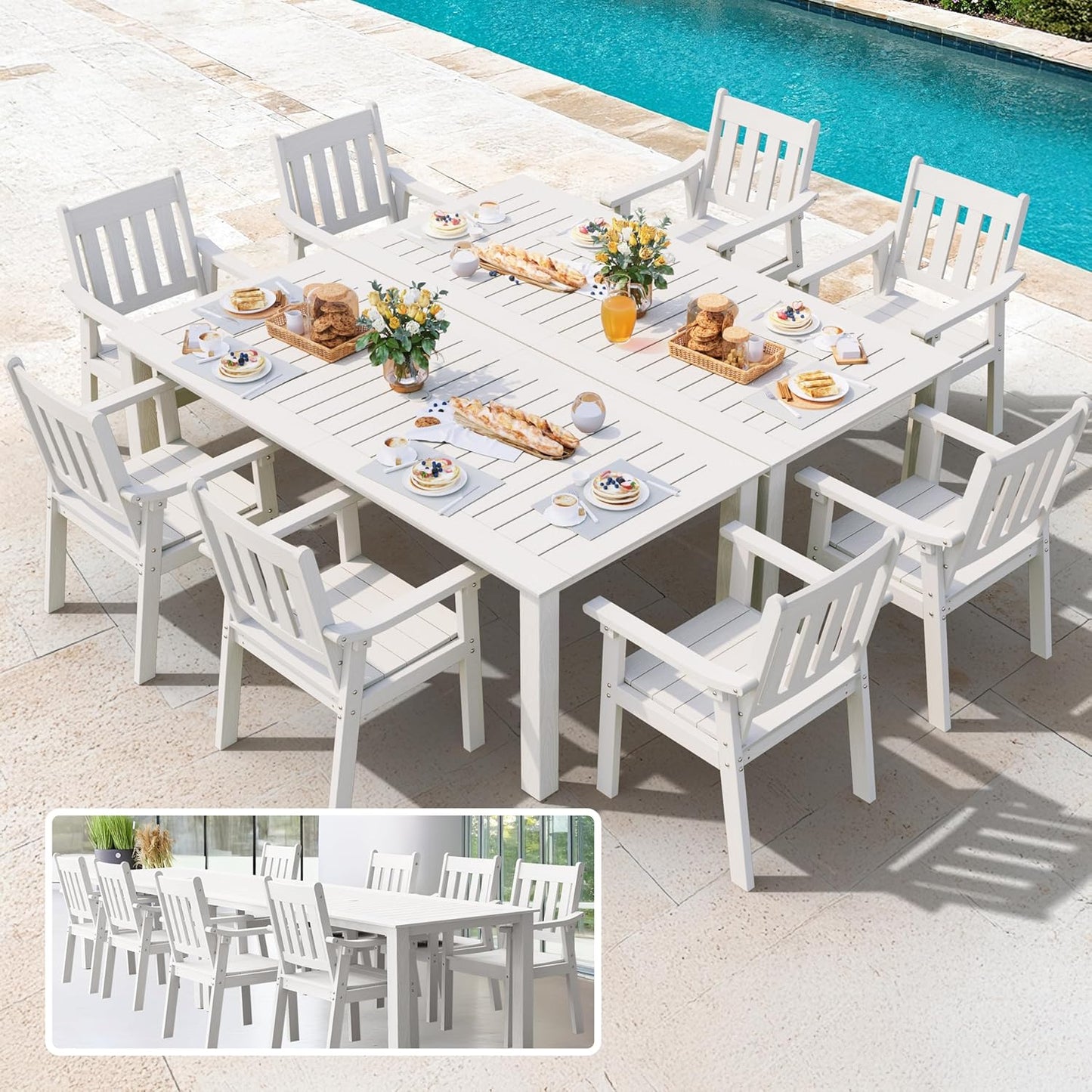 YEFU HIPS Patio Table Set: 10 Piece Outdoor Table and Chairs Dining Furniture Set with Umbrella Hole - White Modern Plastic Dining Sets 8 Person for Outside Deck with Metal Aluminum Frame