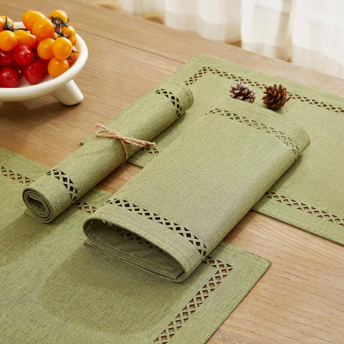 Burlap Placemats Set of 6, 12 x 18 Inch Rustic Geometric Hollow Place Mats, Heat Resistant Placemats for Farmhouse Kitchen Table Decor, Sage Green 6PCS