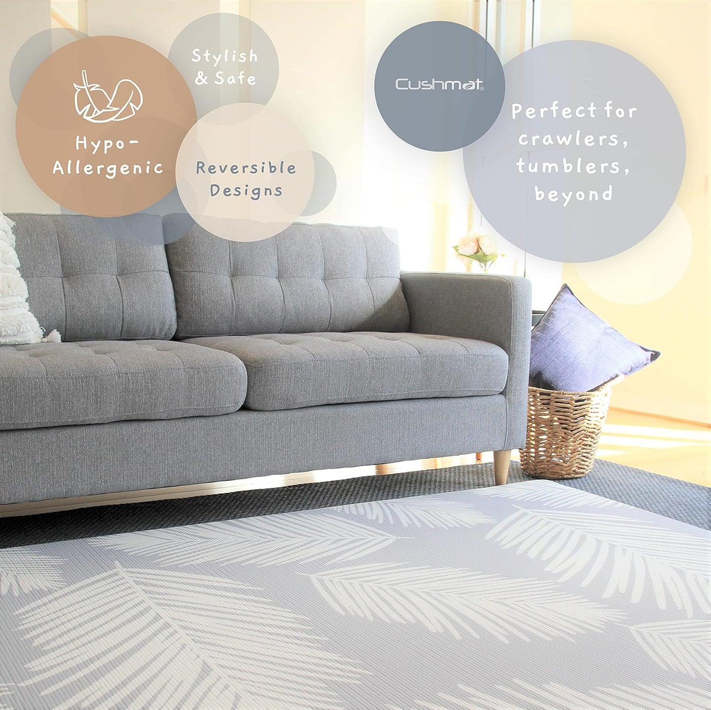 Cushmat Stylish Reversible Foam Play Mat (Large, Palm Gray - Blue Diamonds) - Soft, Waterproof, Durable Play mat for Infants, Babies, Toddler, Kids & Grownup - 6.5ft x 4.5ft