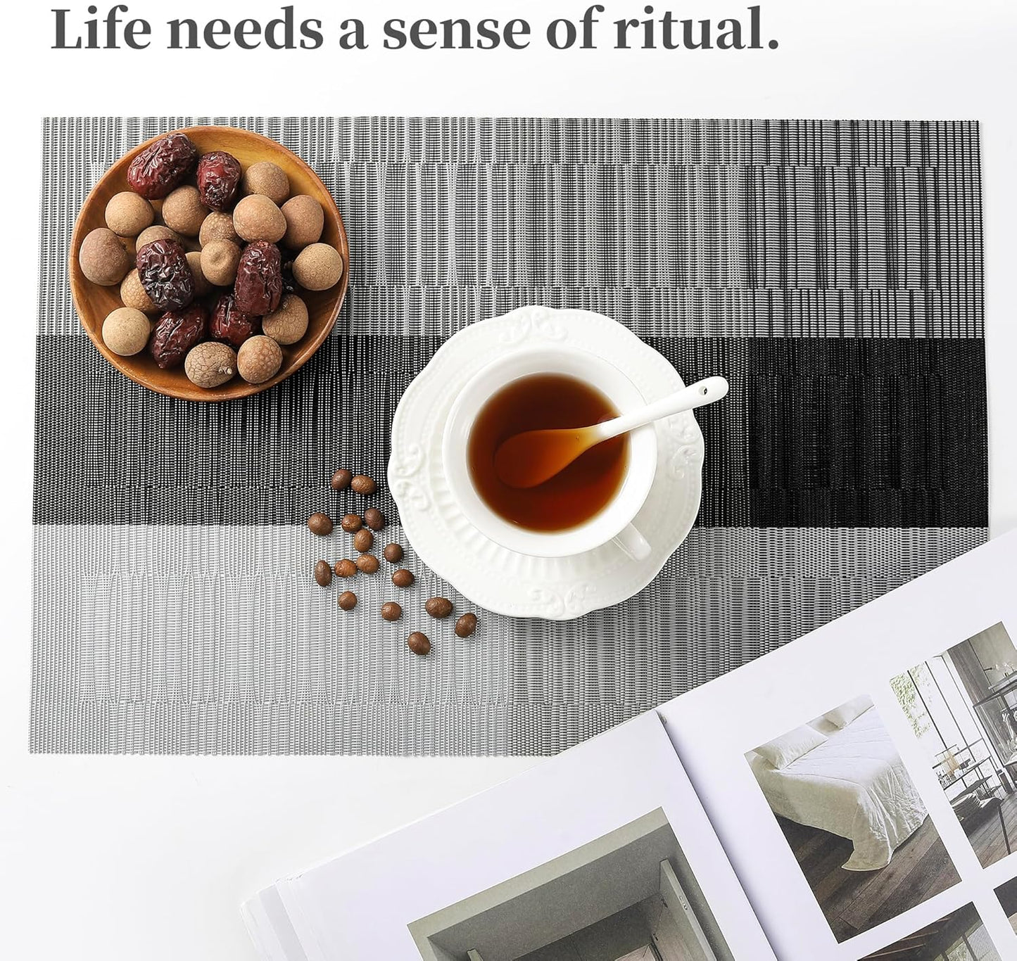 Leetaltree Grey with White Striped Placemats Set of 4 - Heat Resistant Non-Slip Place mats for Dining Table, Washable Durable PVC Vinyl Woven Table Mats(Grey Stripe, 4)