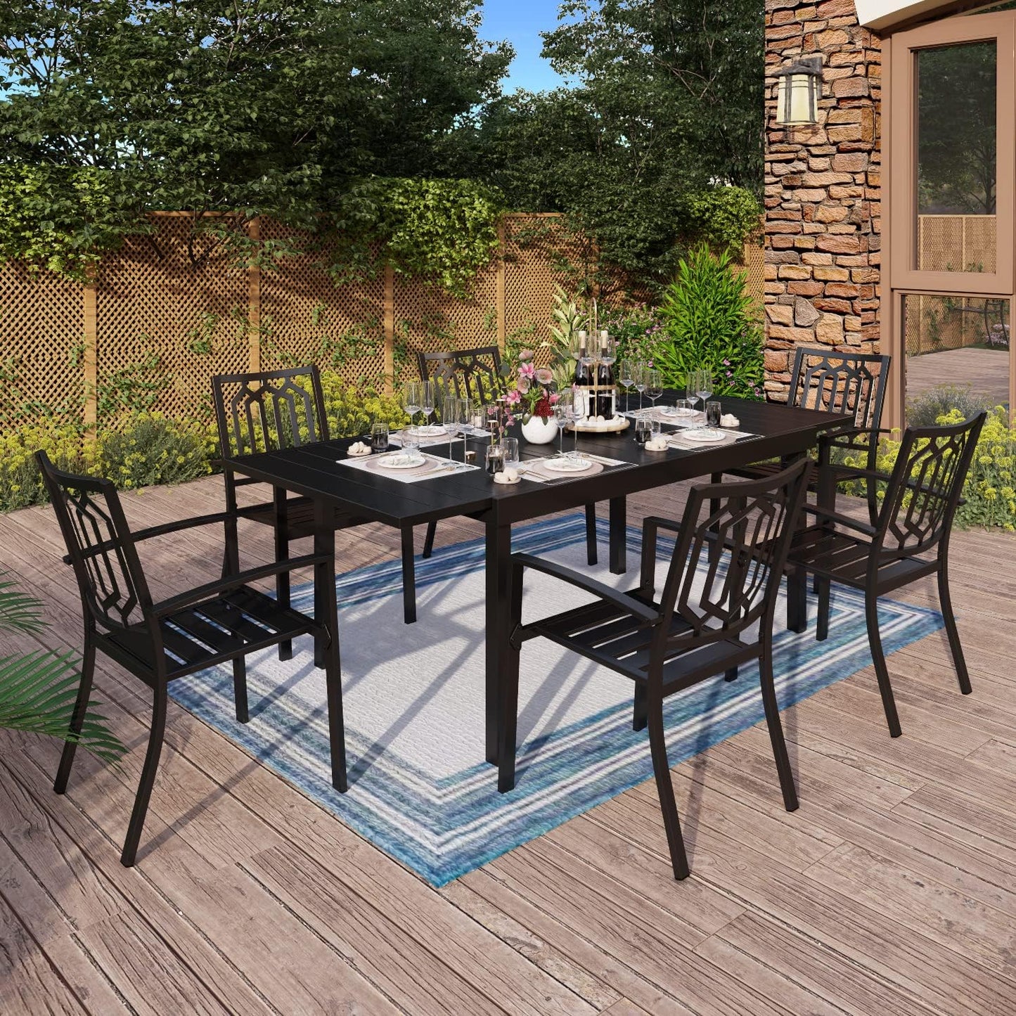 MFSTUDIO Outdoor Dining Set for 6, Expandable Patio Table and Chairs Set, 7 Piece Metal Patio Dining Set, Patio Furniture Set for Deck Backyard Poolside Garden