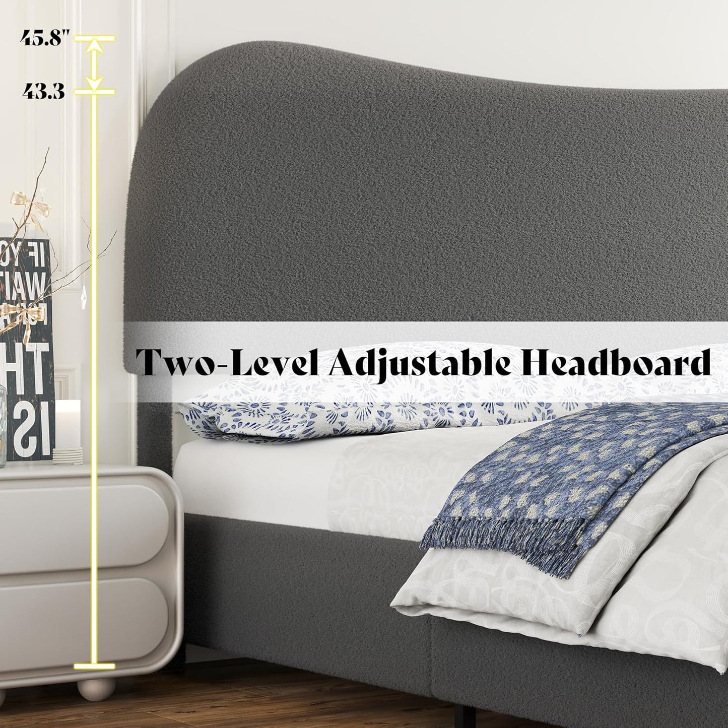 AMERLIFE Full Size Upholstered Boucle Bed Frame, Soft Cloud Platform Bed with Adjustable Headboard, Modern Design, Rounded Corners, Rubberwood Legs, No Box Spring Needed, Easy Assembly, Charcoal Gray