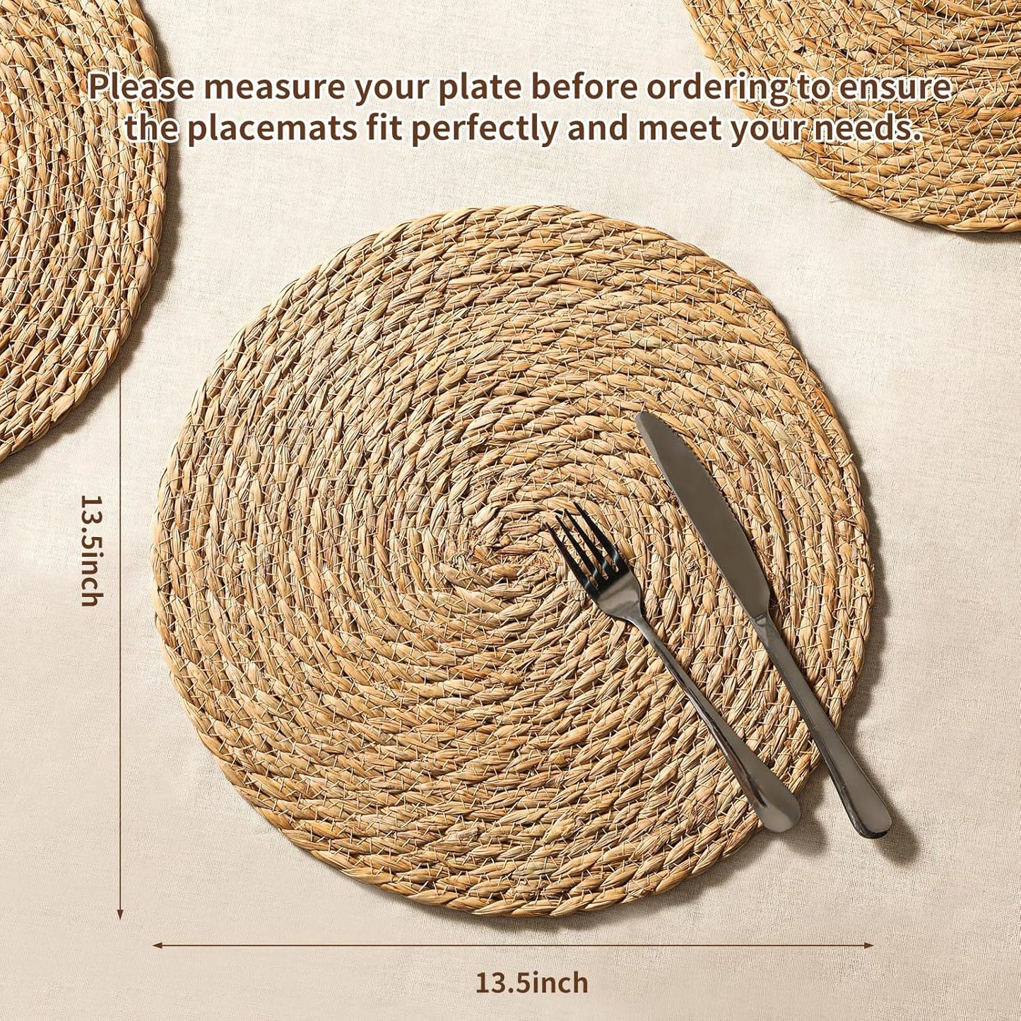 13.5'' Round Woven Placemats Set of 12, Boho Rattan Chargers for Dinner Plates, Rustic Wicker Place Mats, Straw Braided Table Placemats, for Dining Table, Thanksgiving, Fall, Farmhouse, and Christmas