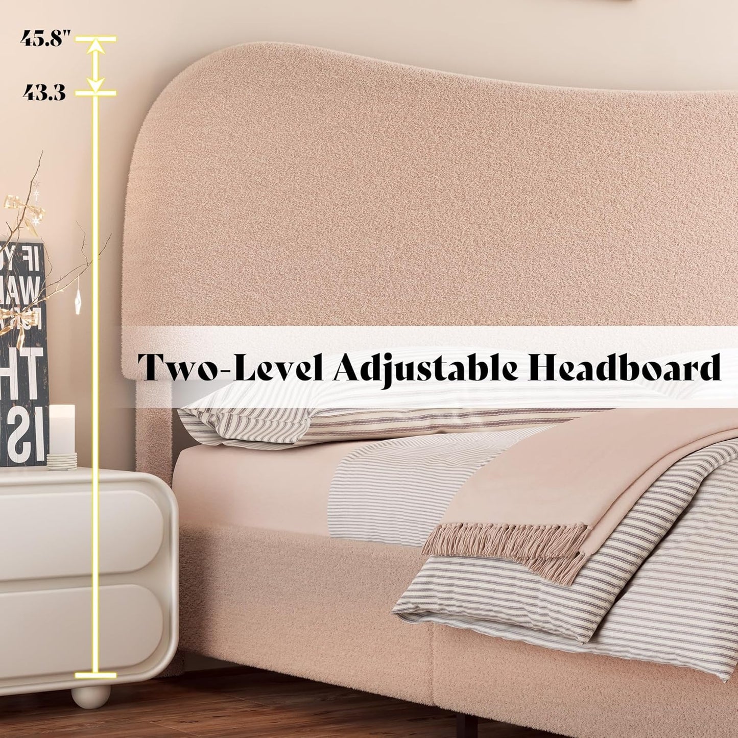 AMERLIFE Queen Size Upholstered Boucle Bed Frame, Soft Cloud Platform Bed with Adjustable Headboard, Modern Design, Rounded Corners, Rubberwood Legs, No Box Spring Needed, Easy Assembly, Beige