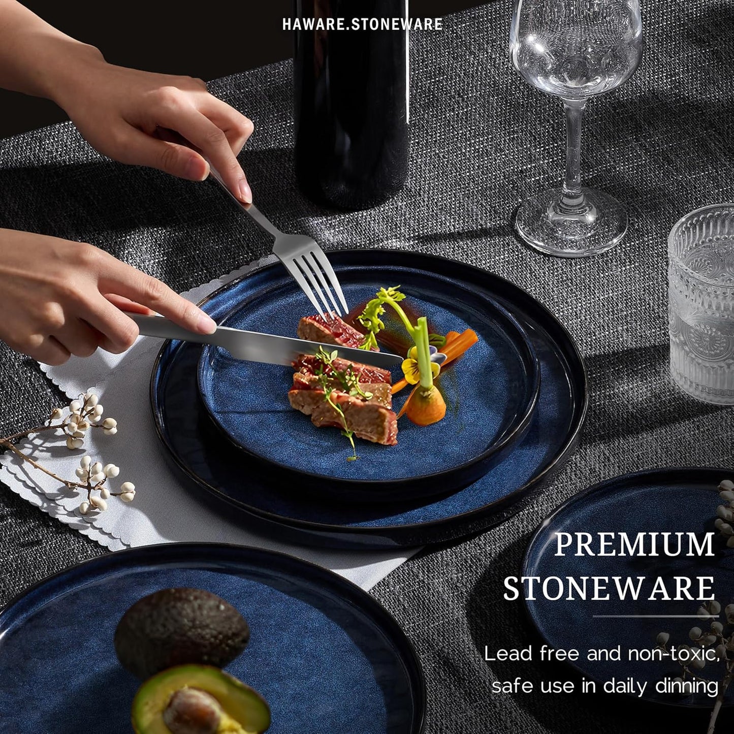 HaWare Dinnerware Sets, 12-Piece Plates and Bowls Set, Stoneware Dish Set for 4, Ceramic Dinnerware for Home Restaurant, Chip and Scratch Resistant, Microwave and Dishwasher Safe, Reactive Starry Blue