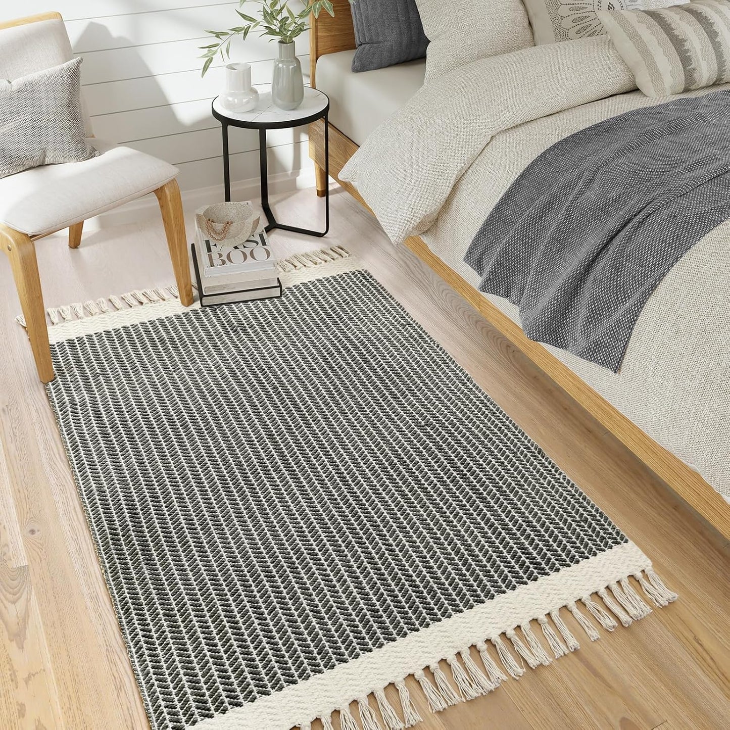Lahome Boho Living Room 3x5 Washable Rugs for Entryway Lightweight Woven Grey Mat with Tassels, Farmhouse Bathroom Rug Non Shedding Area Carpet for Bedroom Office Camper RV Decor