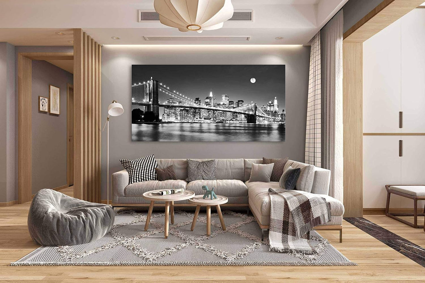 Baisuart-Q30375 Brooklyn Bridge Night View 1 Panels Landscape Artwork Canvas Prints Moon Night New York City Scene Picture Paintings Black and white Wall Art for Oiffce Home Decorations Wall Decor