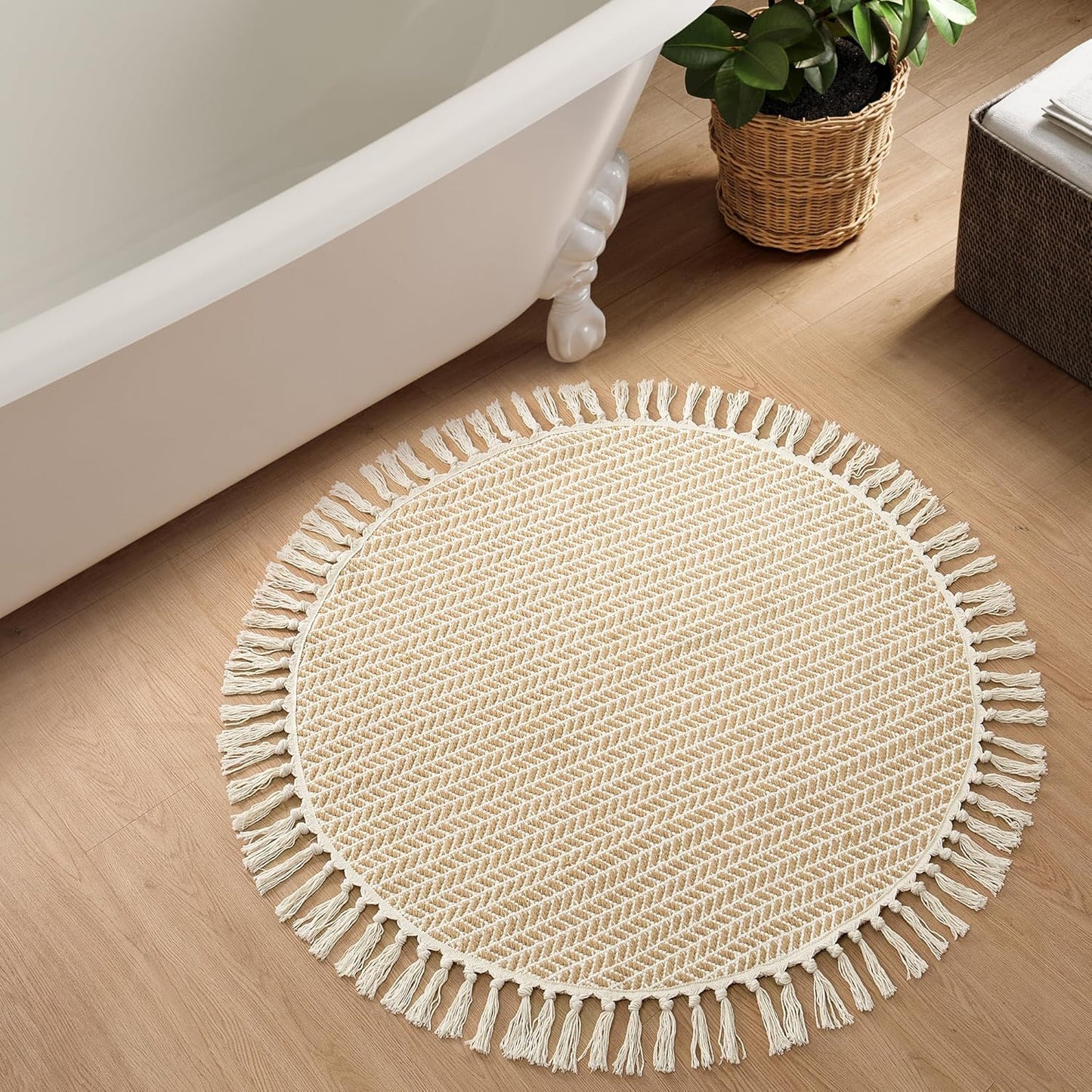 Lahome Boho Round Rug 3ft, Small Circle Rugs for Entryway Kitchen Cotton Washable Indoor Door Bath Mat with Tassels, Farmhouse Round Area Rug Non Shedding Circle Carpet for Bedroom Entry, Khaki