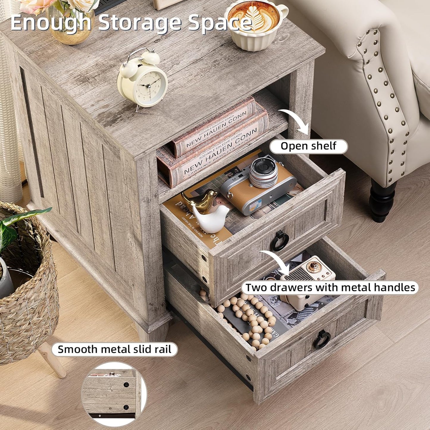 18" Farmhouse Night Stands Set of 2 with Charging Station, 2 Drawers End Table Dresser for Bedroom, Oak Wooden Nightstand, Bed Side Table with Open Shelf, Bedside Cabinet for Living Room