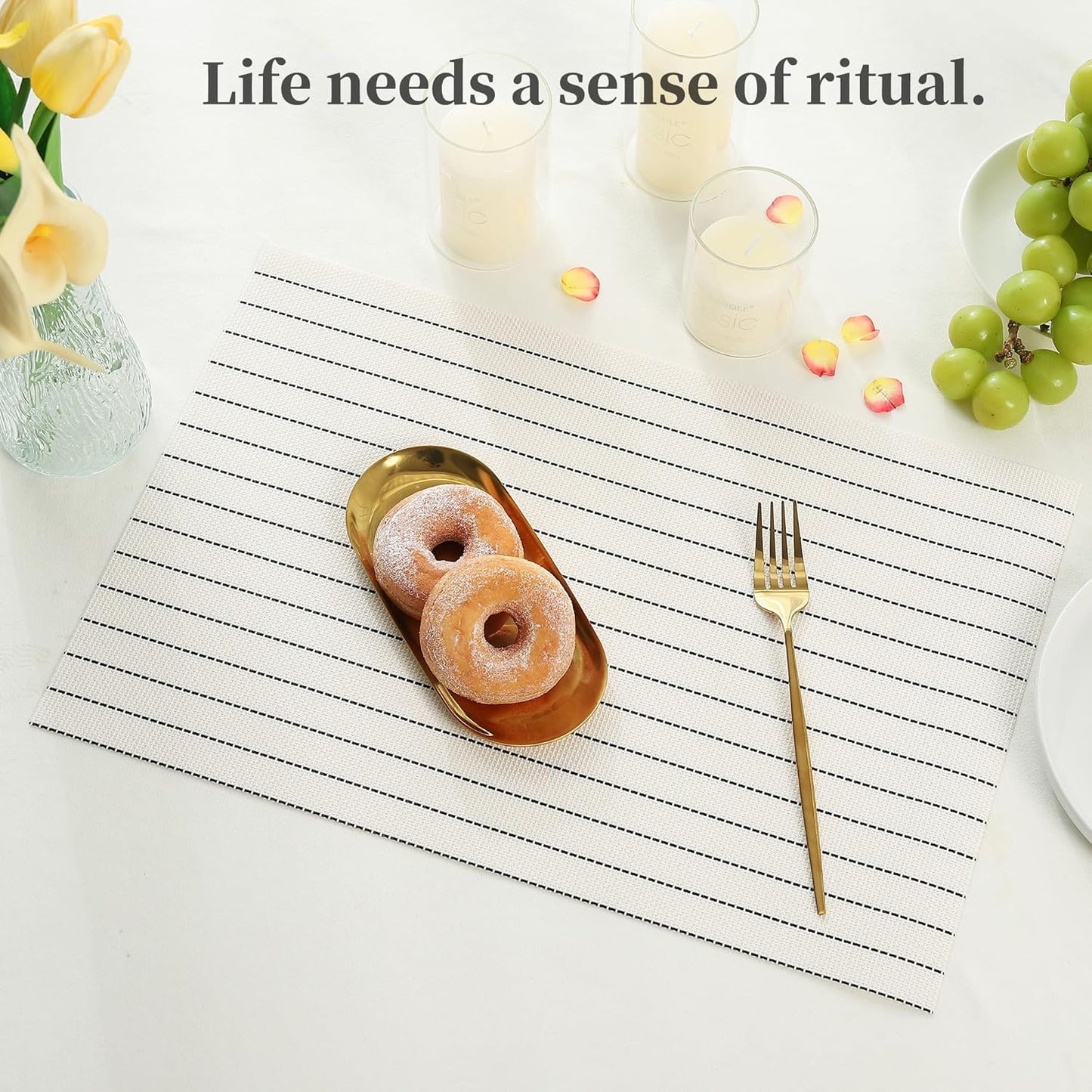 Leetaltree White with Black Stripes Placemats Set of 4 - Heat Resistant Non-Slip Place mats for Dining Table, Washable Durable PVC Vinyl Woven Table Mats(White Stripes, 4)