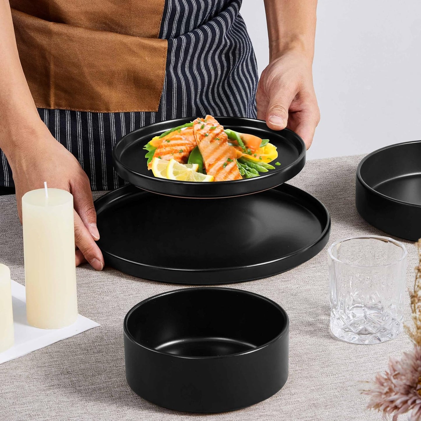 Herogo Dinnerware Sets with Pasta Bowls for 6, 24 Piece Dinner Salad Plates and Cereal Serving Bowls, Stoneware Dishes Dinner Ware for Home Kitchen, Dishwasher & Microwave Safe, Matte Black