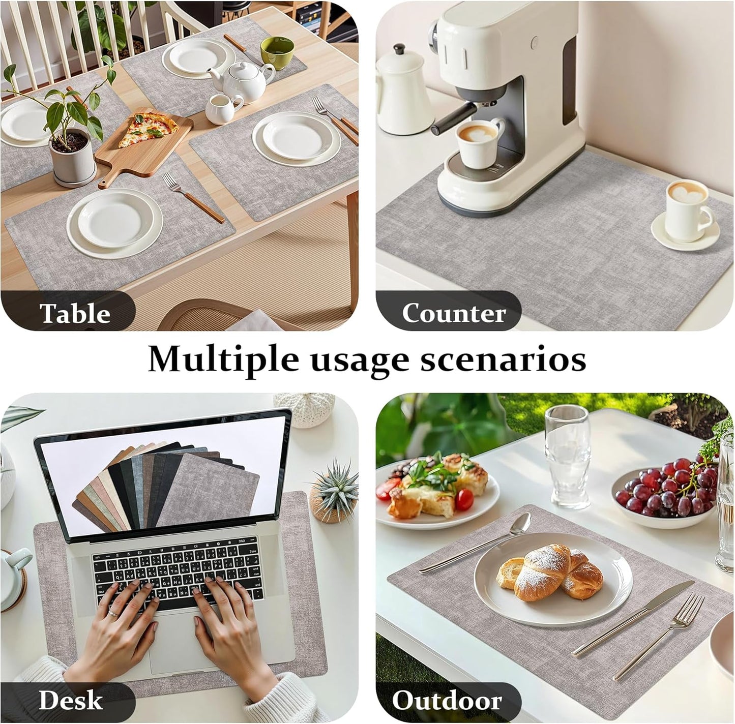 FROMHEART Faux Leather Placemats Set of 8–Waterproof,Heat/Oil Stain-Resistant PU Table Mat–Reversible,Non-Slip,Easy to Clean Place Mats for Kitchen,Dining,Indoor/Outdoor,(Light Grey,11.8" x 17")