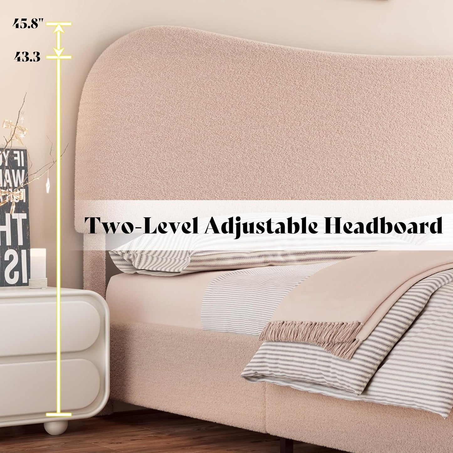 AMERLIFE King Size Upholstered Boucle Bed Frame, Soft Cloud Platform Bed with Adjustable Headboard, Modern Design, Rounded Corners, Rubberwood Legs, No Box Spring Needed, Easy Assembly, Beige