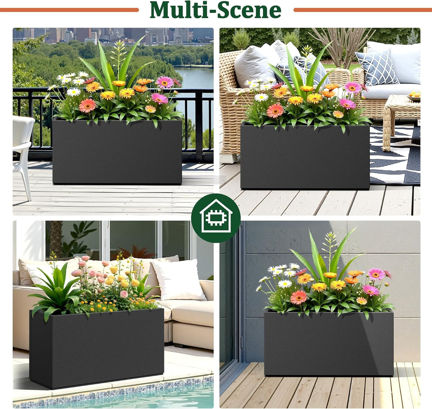 Large Rectangle Planter Metal Black Planter Box with a Drainage Hole and a Removable Divider Indoor Outdoor Porch Pots for Tall Plants, Trees, Flowers 32.01" x 10"x 16.26" Black
